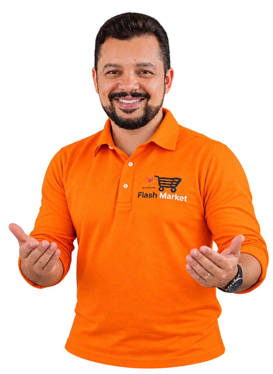 Louis Servilha com a polo laranja da Flash em uma pose de boas-vindas